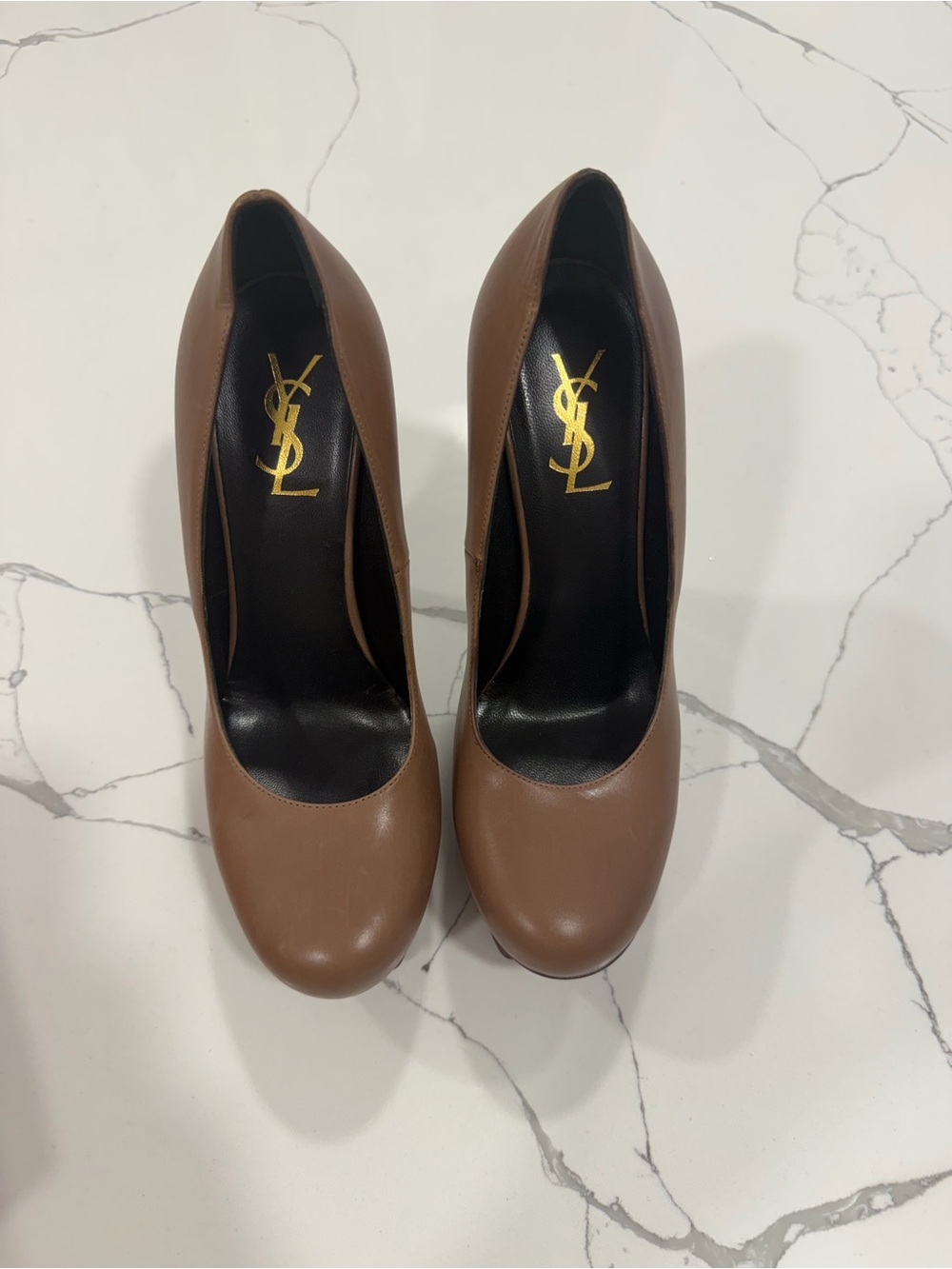 Yves Saint Laurent Brown Leather Round-Toe Pumps with Gold YSL Insole